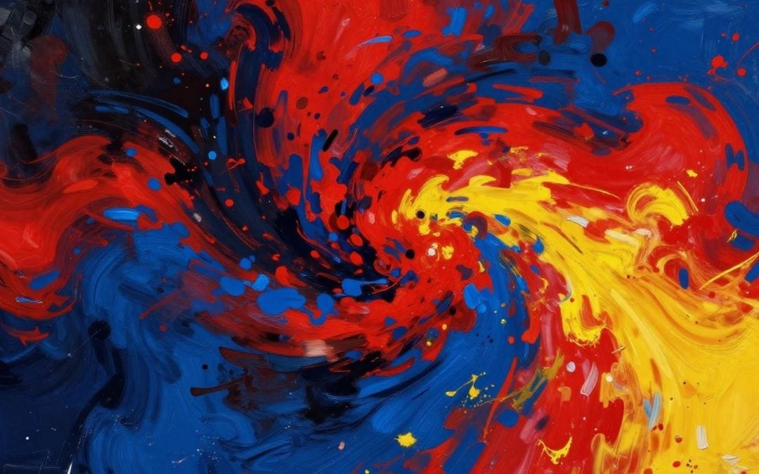 Kunst mit dynamischem Farbenspiel in Rot, Blau und Gelb.