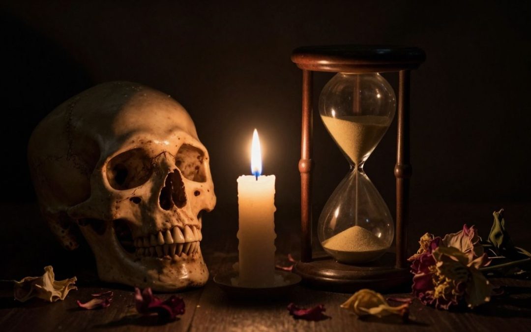 Schädel, Sanduhr und verwelkte Blumen als Vanitas-Symbole.