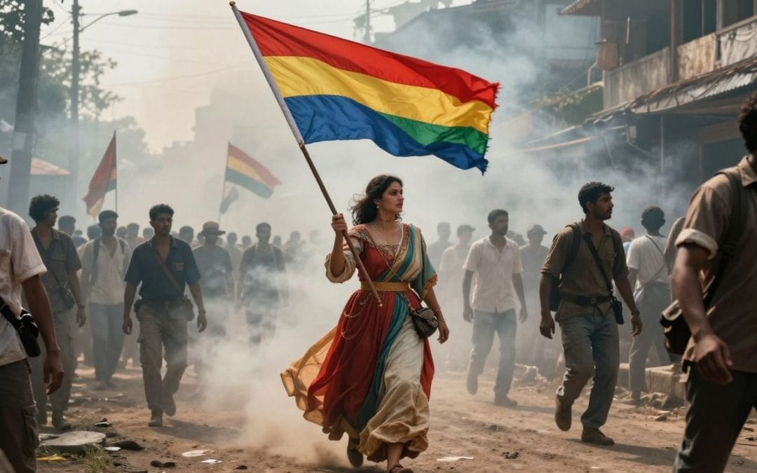 Frau trägt Regenbogenflagge bei Demonstration gegen Unterdrückung.